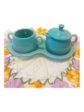 Fiesta Turquoise Ceramic Sugar and Creamer Set with Tray - great condition